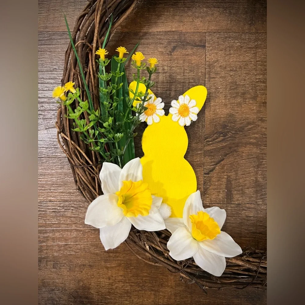 Hand Crafted Spring/Easter Wreath with Yellow and Green Flowers & Bow